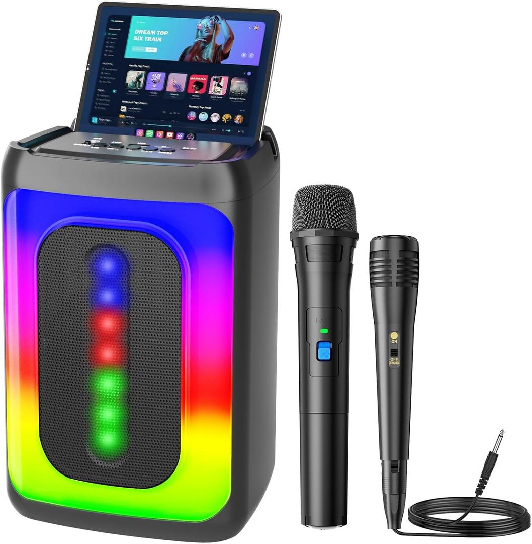 Karaoke Machine for Adults & Kids, Portable Bluetooth Speaker with 1 Wireless Karaoke Microphone and 1 Wired Mic, Pa System with Light for Homer Party/Birthday Gifts