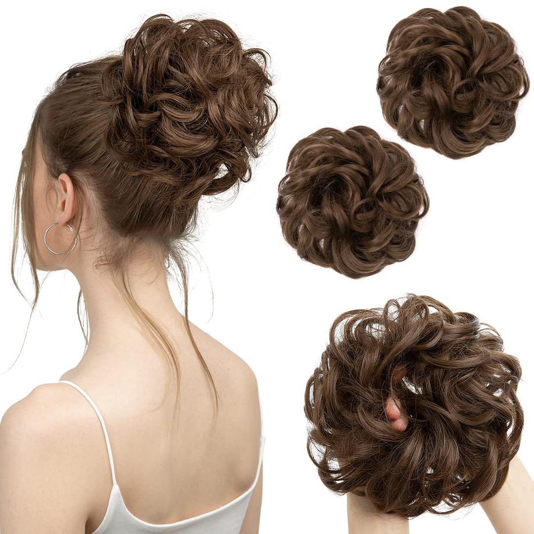 SARLA 2PCS Messy Hair Bun Hair Pieces Wavy Curly Synthetic Updo Fake Scrunchies Ponytail Extension for Women Medium Brown