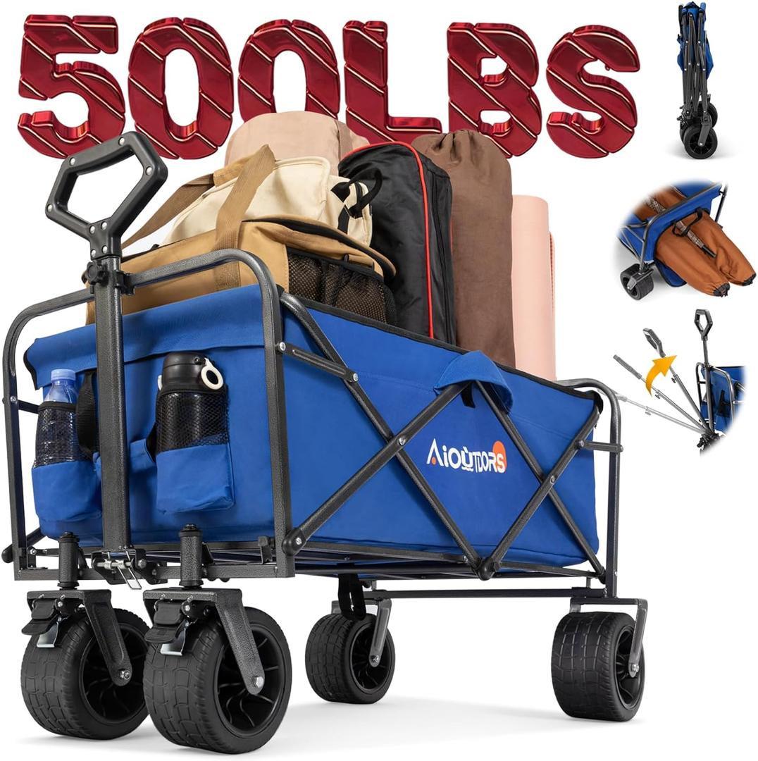 WVX Heavy Duty 500lbs Capacity Collapsible Wagon - Beach Wagon with Big All-Terrain Wheels for Sand - Beach Cart with Rebound Handle & Drink Holders - Utility Wagon Cart for Garden Camping Outdoor