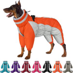 SUNFURA Full Body Dog Coat - Warm Fleece Jacket for Extra Large Dogs, Turtleneck Winter Coats with Harness, Reflective Dog Snowsuit Windproof Puffer Jackets with Legs for Great Dane, Orange 3XL