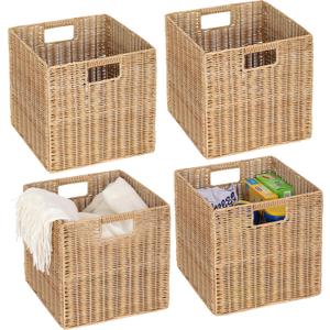 12x12x12inch Plastic Wicker Cube Baskets Large Square Foldable Handwoven Laundry Organizer,Set of 4Khaki