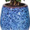 10.3 Inch Ceramic Glaze Plant Pot with Saucer, Flower Pots with Drainage Hole Mesh Net (Blue)