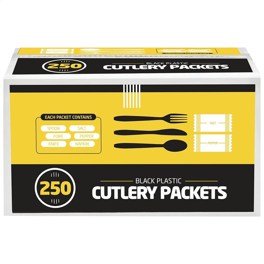 250 Disposable Cutlery Packets - Knife, Fork, Spoon, Napkin, Salt, Pepper Sets | Black & Silver Plastic Sets, Individually Wrapped Cutlery Kits