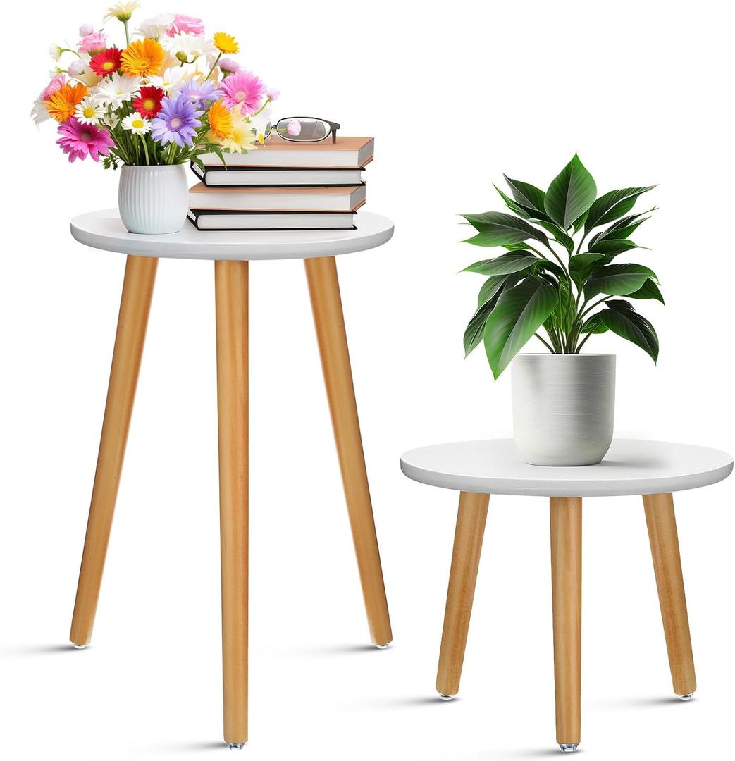 Briwooody 2 Pcs Indoor Plant Stand Mid Century Vintage Wood Modern Flower Pots Holder Round Side Table End Table Plant Stools for Living Room Corner Balcony Decor (White)
