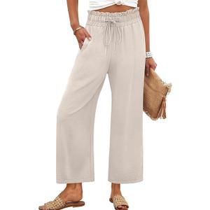 ANRABESS Palazzo Pants for Women Summer Casual Flowy High Waist Wide Leg Capri Pants 2026 Loose Lounge Cropped Beach Trousers Beige, Medium