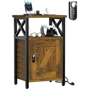 Wooden Nightstand with Lock, Bed Side Table with Drawers, Bedside Table with Charging Station, 3 USB & 2 Outlets, Night Stand with Storage, End Tables for Living Room, Bedroom, Dorm, Brown