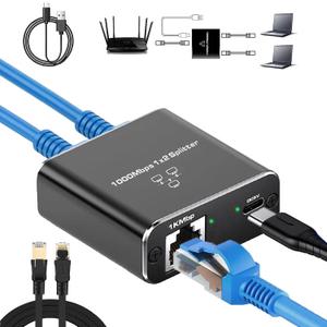 Ethernet Splitter 1 to 2 with 1.5Ft Cat 8 Ethernet Cables, 1000Mbps Internet Splitters High Speed with USB Power Cable,Gigabit LAN Splitter for Cat5/5e/6/7/8 Cable(2 Devices Simultaneously Networking)