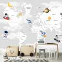 YQWDMX - Grey map Peel and Stick Wallpaper Cartoon Planet Kids wall Mural for Nursery ZY04 L