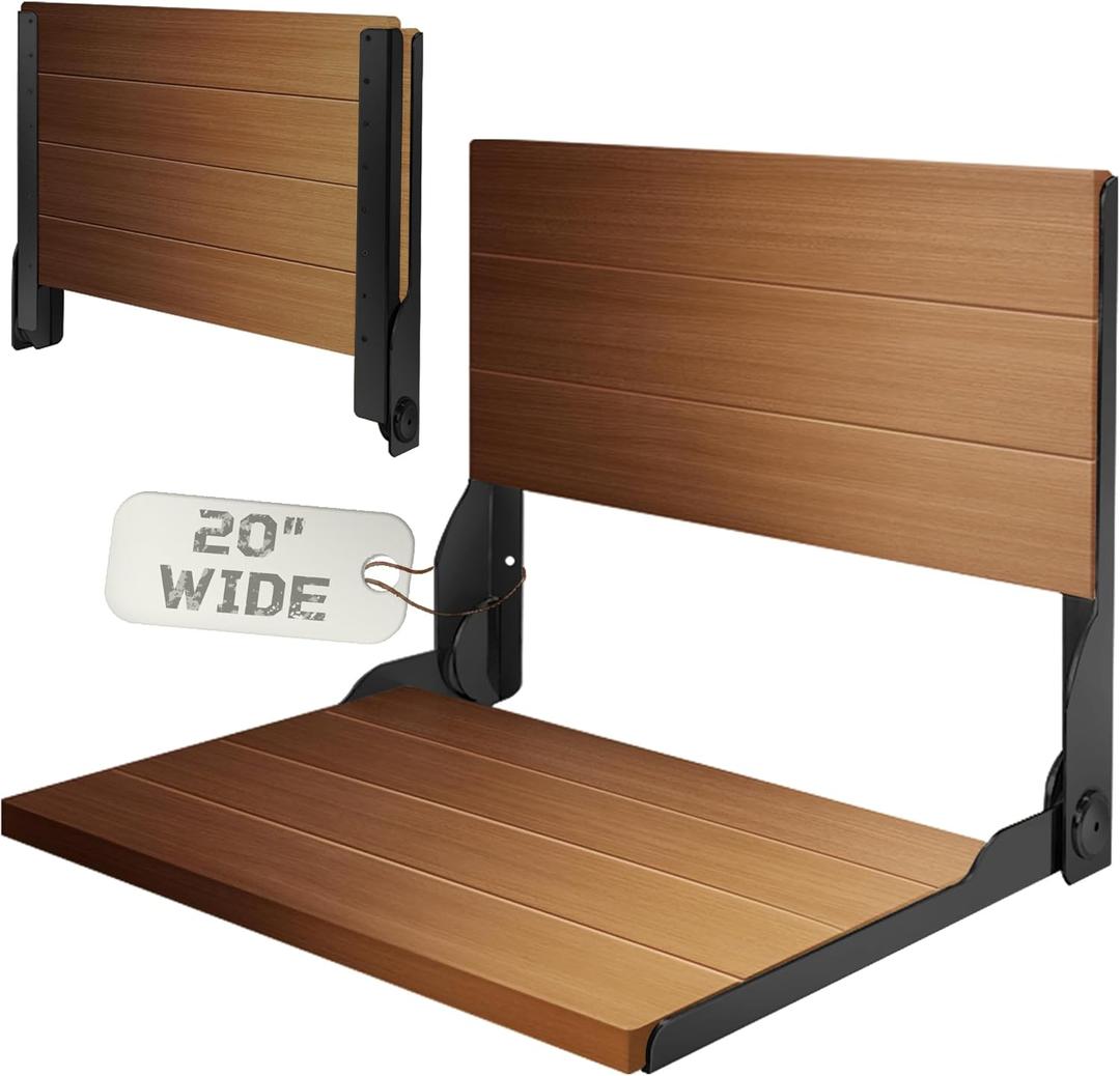 Folding Shower Seat 20'', Large Teak Shower Seat, Folding Shower Bench, Wall Mount Foldable Chair, 500 lbs Capacity, Stainless Steel, Black