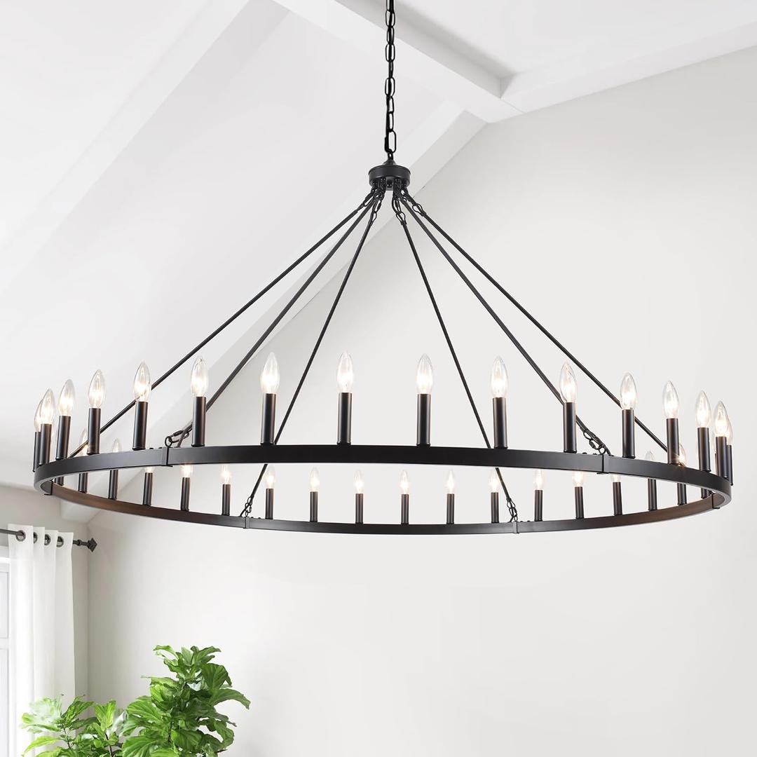 Black Extra Large Wagon Wheel Chandelier, 60 inch 36 Lights Farmhouse Chandelier, Industrial Candle Round Pendant Light Fixture for High Ceiling Living Room Dining Room Outdoor Porch Entryway Hallway