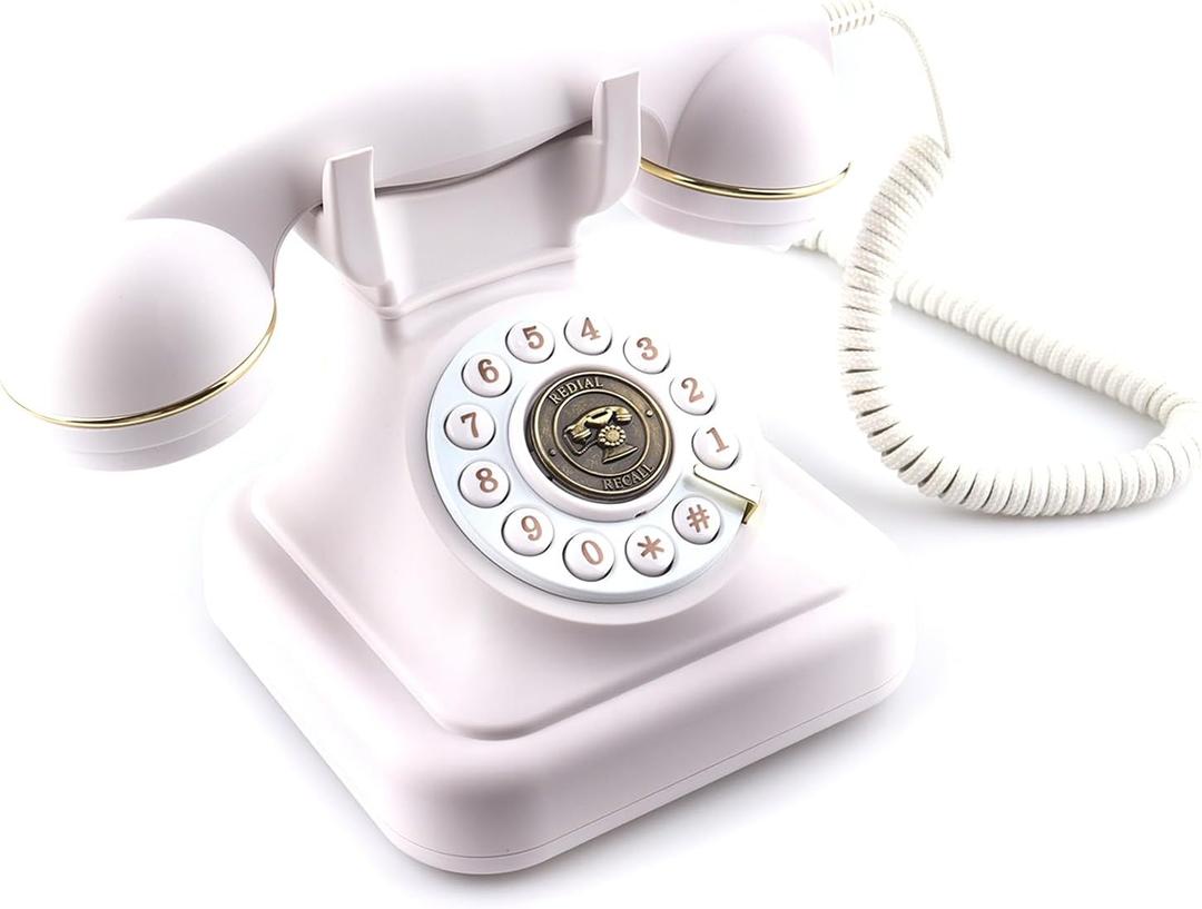 Old Fashioned Landline Phones with Classic Metal Bell, 1960s Vintage Corded Dial Phone Classic Old Fashion Telephones Wired Desk Telephone for Office and Home, White