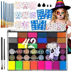 Rismise 42 Color Face Painting Kit for Kids Water Activated Face Paint Palette Rainbow Facepaint Makeup Kit Water-soluble Face Paint with Art Brushes Stencils Gem sponge for Halloween Carnival Cosplay