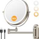 Auxmir 1X/30X Wall Mounted Lighted Makeup Mirror, 8" 3200 mAh Rechargeable Double-Sided Magnifying Mirror, Touch Dimmable 3 Color Lights, 360 Rotating Foldable 14.5" Extension Arm, Brushed Nickel