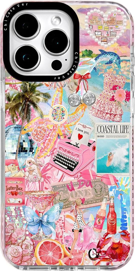 for iPhone 13 Pro Max Case, Coastal Life Pattern with Tropical Collage, Military-Grade Drop Protection, Pink Paradise Soft Slim TPU Protective Cover with Camera Protection for Women & Girls