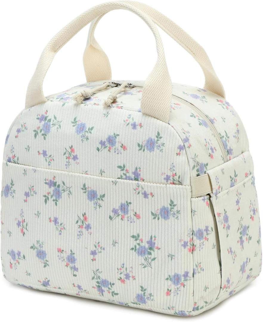 Bluboon Lunch Bag for Women Men Cute Corduroy Lunch Tote Bags Reusable Insulated Lunch Box Large Capacity Reusable Insulated Cooler for Work Picnic or Travel (Corduroy Blue Little Flower 202)