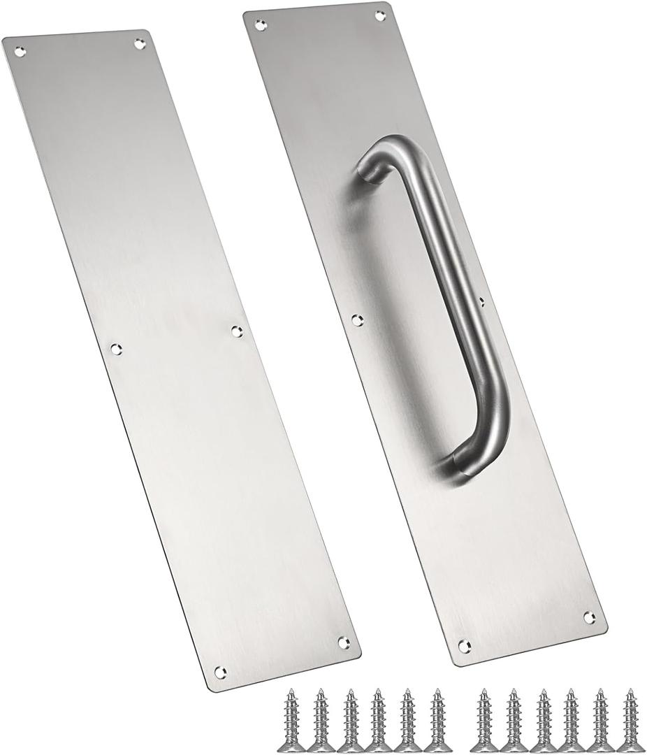 Sumnacon 1 Set 16" Stainess Steel Door Handle Pull & Push Plate - Heavy Duty Silver Gate Handle Bar for Home/Office/Warehouse/Public,Suitable of Wooden/Composite Door with Screws,Brushed