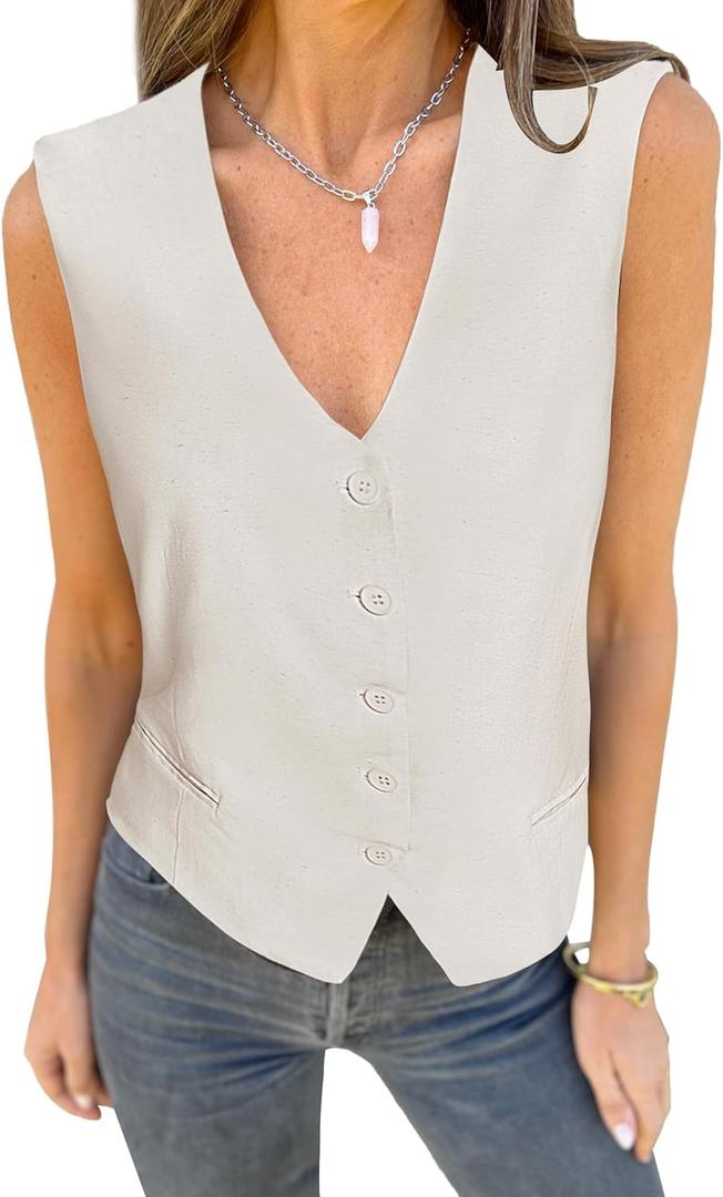 luvamia Womens Vests Linen Fashion Dressy Casual Lightweight Button Down Sleeveless Blazer Lined Work Waistcoat Vest Top (X-Large, Coconut Milk)