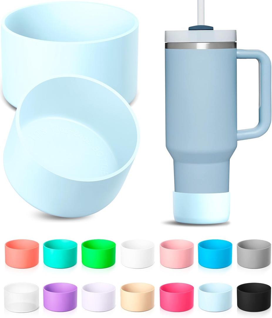 KTKUDY 2Pcs Silicone Boot for Stanley Quencher Tumbler H2.0 30 oz 40 oz & IceFlow 20 oz 30 oz & Intended for Hydro Flask Water Bottle 12-24 oz - Protective Cup Bottom Accessories Fits Stanley Cup (Light blue - set of 2)