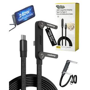 240w USB-C Charge Cable Type-C Invisible Holder Sideways Phone charger with Stand 5 FT Fast Flat Braided Multi Folding Side-Entry Charging Data Cord Foldable 90 degree Right Angle for Phone Tablets