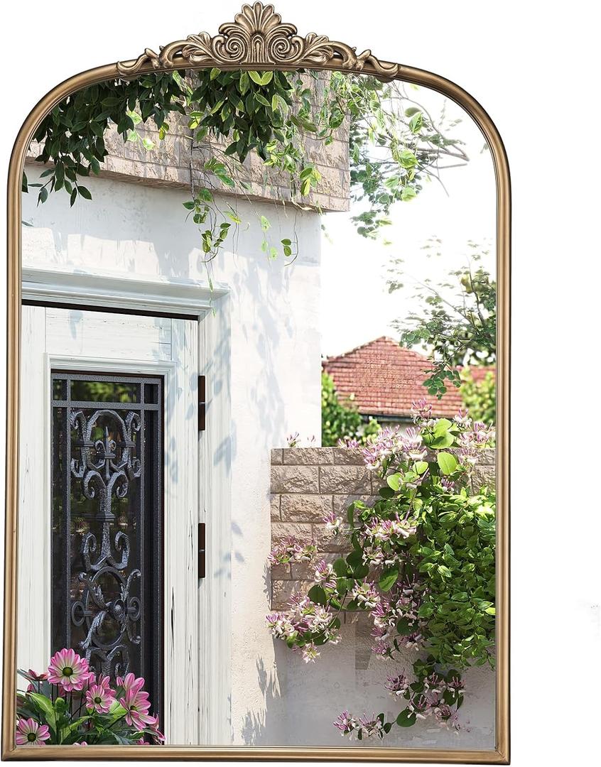 30" x 40" Antique Gold Arched Mirror for Wall, Vintage Broque Brass Bathroom Mirror with Metal Frame, Bronze Ornate Gold Vanity Mirror for Entryway, Mantel, Powder Room