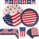 Pack Of 2 Oojami 4th of July Party Set for 18 Guests – Includes USA Flag Plates, Cups, Napkins, Table Cover & Banner – Patriotic Red White Blue Decorations – Independence Day BBQ Supplies