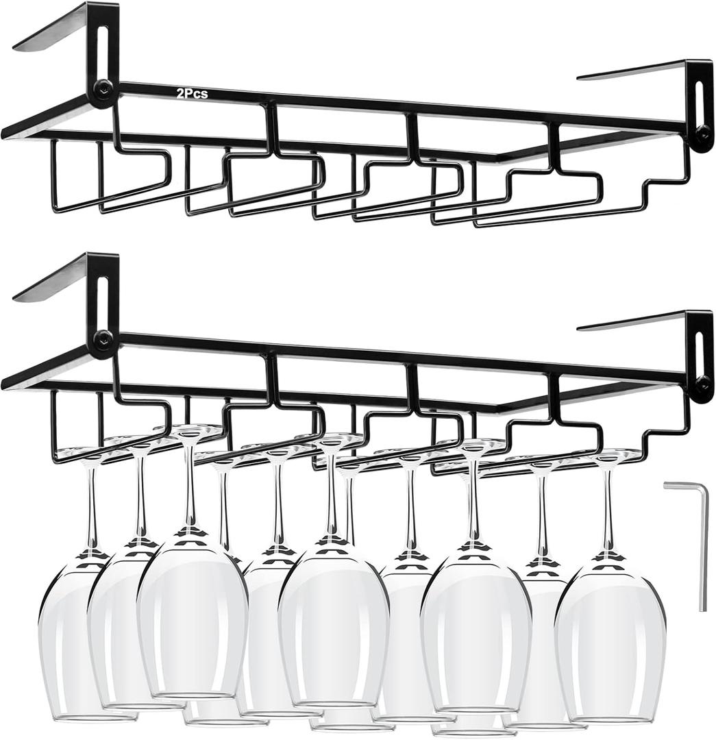 AUHOKY 2Pcs Adjustable Under Cabinet Stemware Metal Glass Holder, Hanging Drink Cooler Glass Storage Hanger Organizer for Shelf Kitchen Bar Decor(4 Rows, Black)