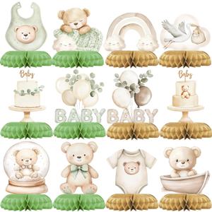 Neutral Sage Green Baby Shower Centerpieces  12 PCS Teddy Bear Honeycomb Table Decorations for Gender Neutral Boho Baby Shower Party