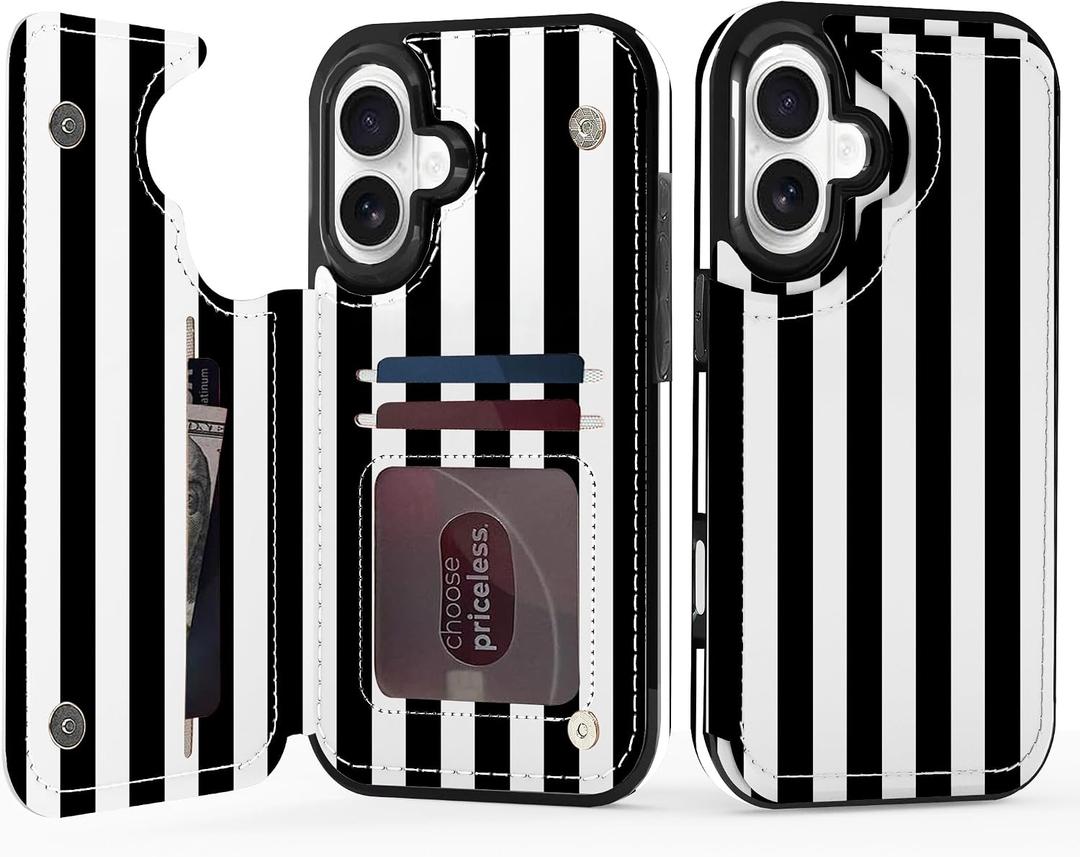 for iPhone 17 6.3 Inch Wallet Case with Card Holder, Military-Grade Drop Protection, Flip PU Leather Built, Double Magnetic Clasp and Durable Shockproof Cover - Stripes Black White