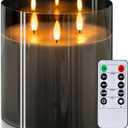 Homemory 6X6'' Extra Large Flameless Candle with 3 Wicks, Glass LED Pillar Candle, Real Wax Battery Operated Candle with Remote Control and Timer, Grey