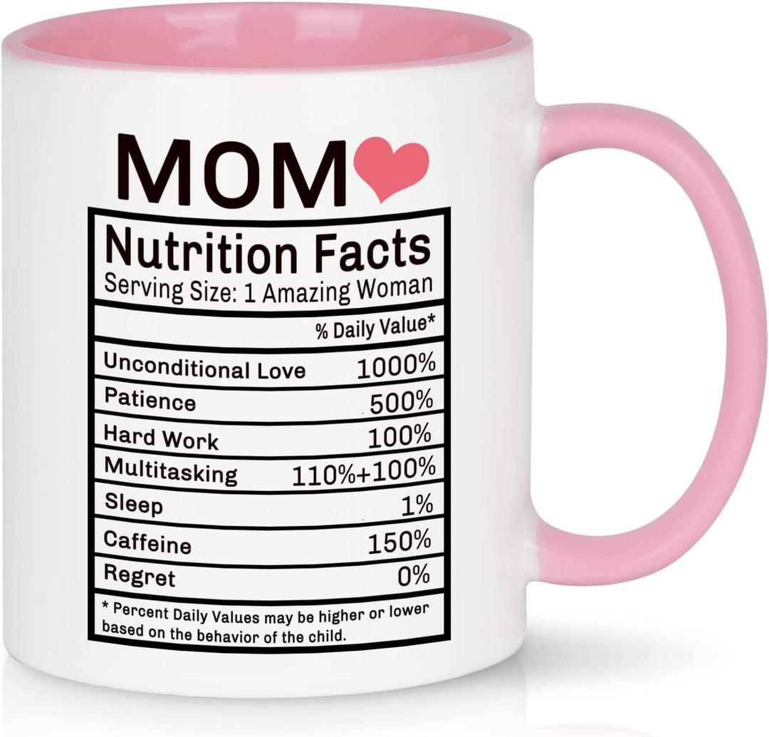 WENSSY Mom Nutrition Facts Mug - Birthday and Mother's Day Gift from Daughter or Son - 11 Ounce With Gift Box Pink