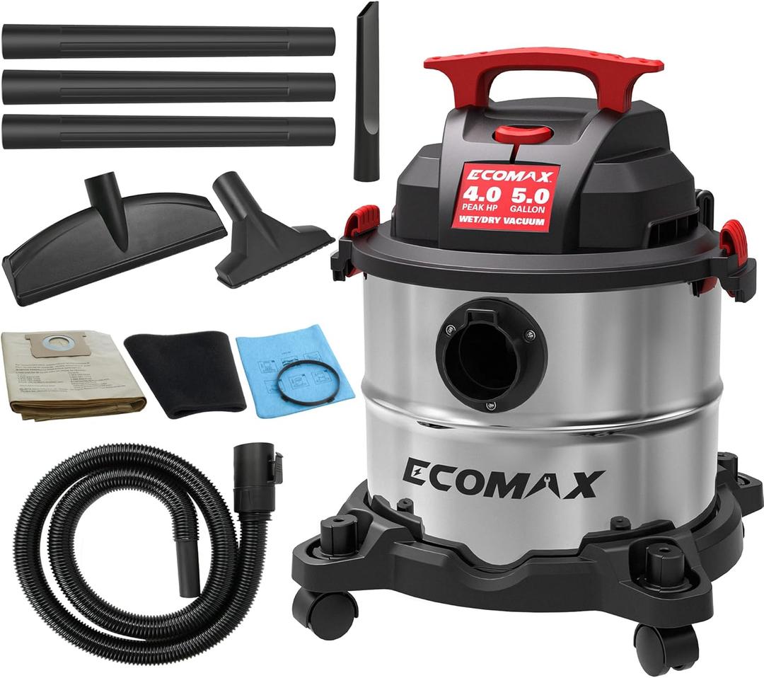 Wet Dry Vac 5 Gallon, 4 Peak HP, Portable Stainless Steel Shop Vacuum Wet and Dry with Powerful Suction-85 CFM, 3-in-1 Wet/Dry/Blow, Shop Vacuum for Home, Workshop, Jobsite, EM18115 (Silver001)