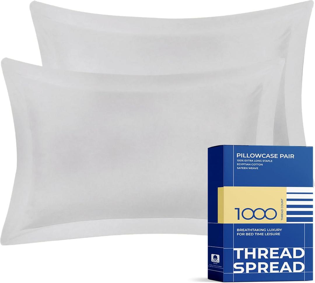 THREAD SPREAD 100% Egyptian Cotton King Pillow Shams with Envelope Closure - 1000 Thread Count Sateen Weave Pillow Sham King Size Set of 2, Silky Soft, Breathable, Cooling Pillow Sham (Silver Grey)