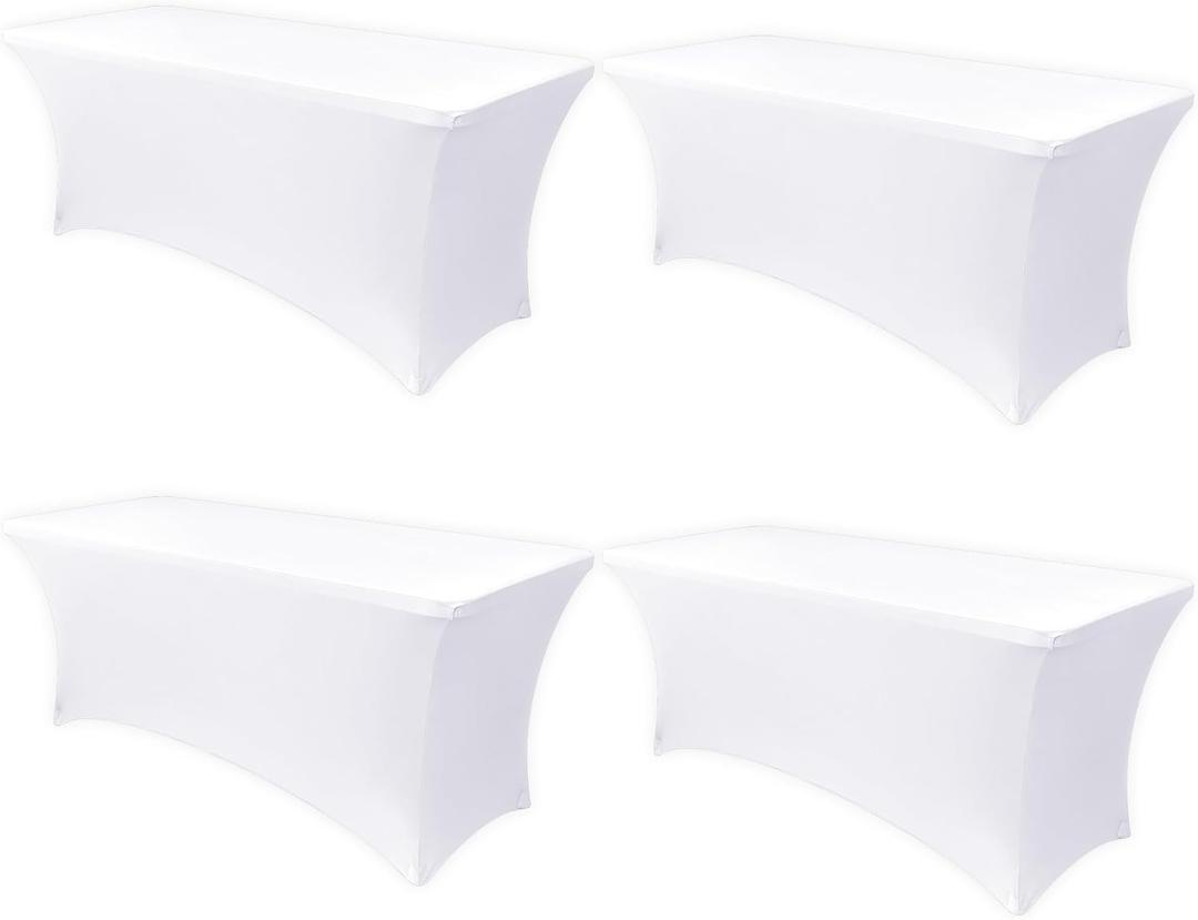 Obstal 6ft Stretch Spandex Table Cover - Pack of 4 Universal Rectangular Fitted Tablecloth Protector for Wedding, Banquet and Party, White