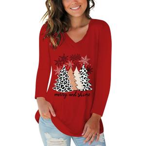 Tobrief Women's Long Sleeve V-Neck Shirts Fall Graphic Tees Loose Casual T-Shirt (Red, L)