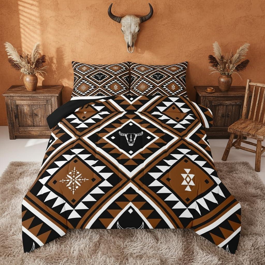 Erosebridal Rustic Western Full Comforter Set for Men,Southwestern Aztec Bedding Set Bohemian Quilt Ethnic Horns Bull Skull Farmhouse Bedroom Decor Brown Black White Geometric Diamond Duvet Insert