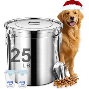 Dog Food Storage Containers, Large Stainless Steel Pet Food Storage Containers 25 lb / 11.5 kg to Keep Fresh, Metal Airtight Cat Food Containers With Scoop and 2 Small Containers