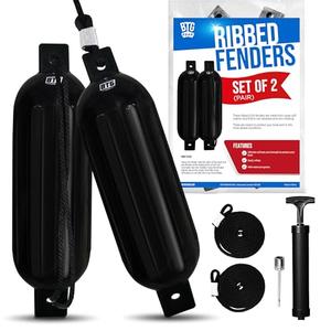 BTG Gear Set of 2 Pack 5.5" Inflatable Large Boat Fenders Bumpers for Docking w/Free 6 ft Fender Lines & Pump (Black)