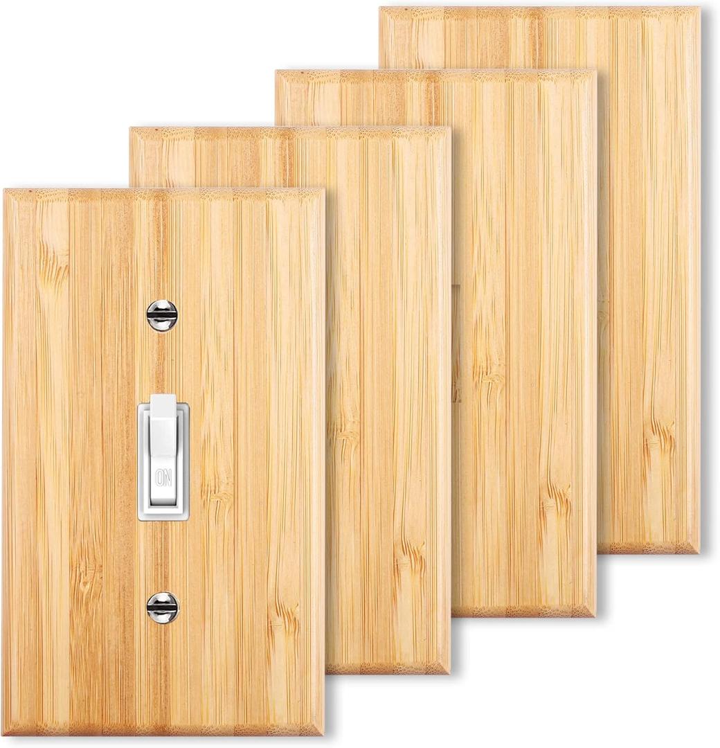 4PC Solid Wood Single Toggle Light Switch Plate 4.5" X 2.76" Bamboo Light Switch Cover Quality Raw Wooden Decorative Bedroom Kitchen Home Decor (Single Toggle) (Standard Size)