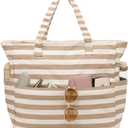 LEDAOU Large Beach Bag Women Waterproof Sandproof Zipper Beach Tote Pool Bag for Swim Gym Grocery Travel with Wet Pocket | Waterproof, Sandproof, Zipper, Pool, Gym, Grocery (1 Piece - F-light Brown Stripes)