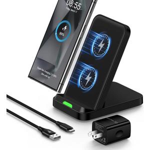 Wireless Charger Stand,15W Fast Desk Charging Station Android Wireless Charging Pad with Adapter for Motorola razr+2024//Edge,Galaxy S25/S24/S23,Pixel 9 8 7 (Black)