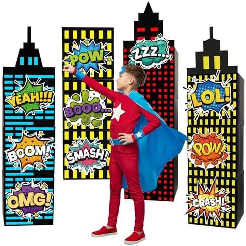 25pcs Skyscraper Party Decoration Large Super Themed Hero Background Box City Skyline Building Party Decor Include 12 Skyscraper Box 10 Sticker 3 Roof for Boy Girl Comic Book Themed Party Supplies