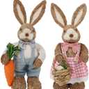 DR.DUDU Set of 2 Easter Decorations for Home- 14" Sisal Bunny Figurines with Carrot & Egg, Spring Straw Bunny Couple Farmhouse Centerpieces for Tables, Easter Rabbits Decor