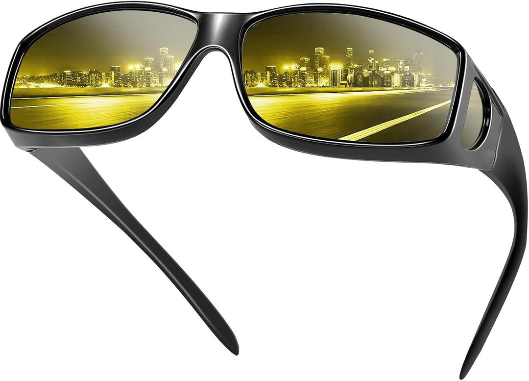 Night Vision Driving Glasses Fit Over Eyeglasses for Men Women, Anti-Glare Polarized Nighttime Glasses Yellow Lens