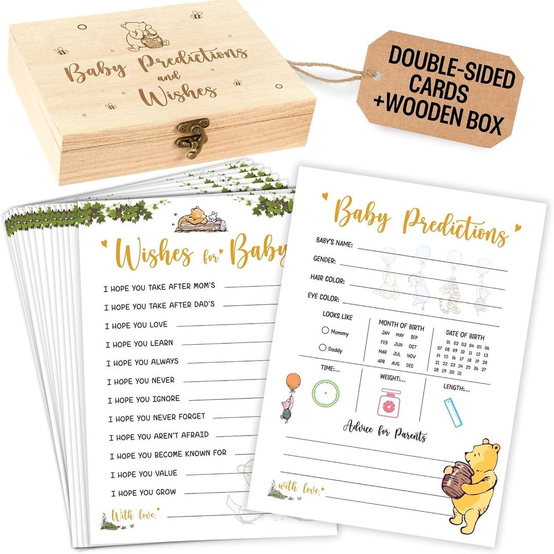 WOODAMORE Baby Prediction Cards Box - 30 Double-Sided Winnie Well Wishes Card, Guess The Due Date Classic Pooh Baby Shower Games for Gender Reveal Party Decorations