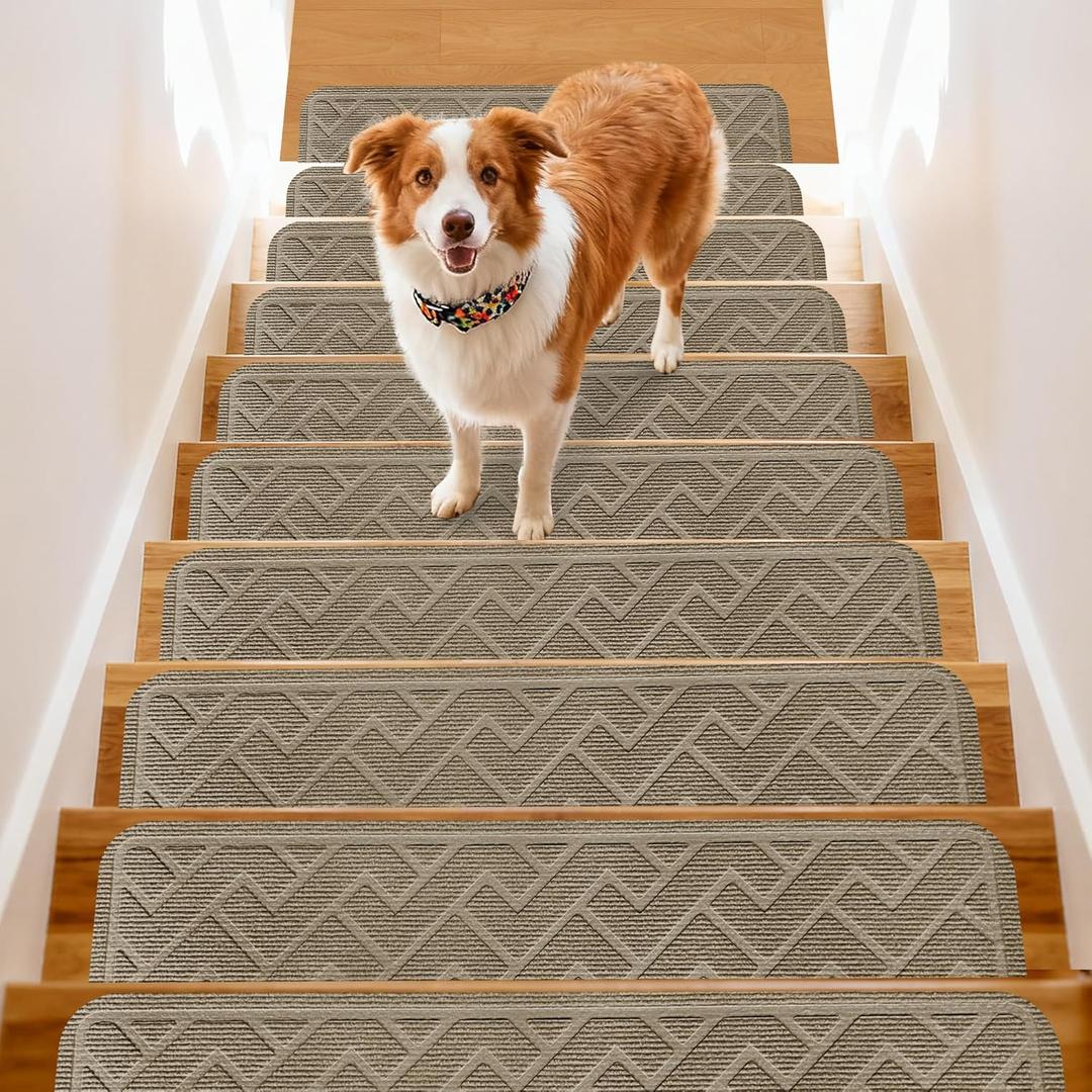 Non-Slip Stair Treads Carpet for Wooden Steps, 8" X 30" Indoor Self-Adhesive Stair Treads Mat, Comes with Beautiful Patterns, Anti Slip Stair Rugs for Kids Elders and Dogs 15PCS(Mocha) (Z-striped Mocha)