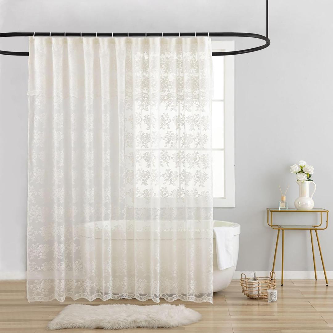 Lace Vintage Shower Curtain with Attached Valance, Crochet Rustic Floral Sheer Shower Curtains for Bathroom, Scalloped Edge Reinforced Holes Top Ivory Shower Curtain, 72 x 72 Inch, 1 Panel