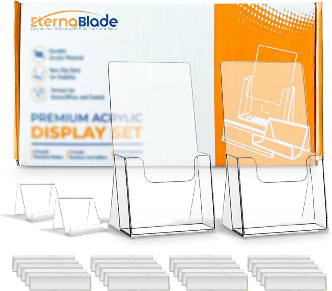 Acrylic Brochure Holder and Business Card Holder 2 Pack with 20 Self Adhesive Label Holders, Acrylic Display Stands for Countertops, Clear Plastic Flyer Holder for Magazines Pamphlets Booklets