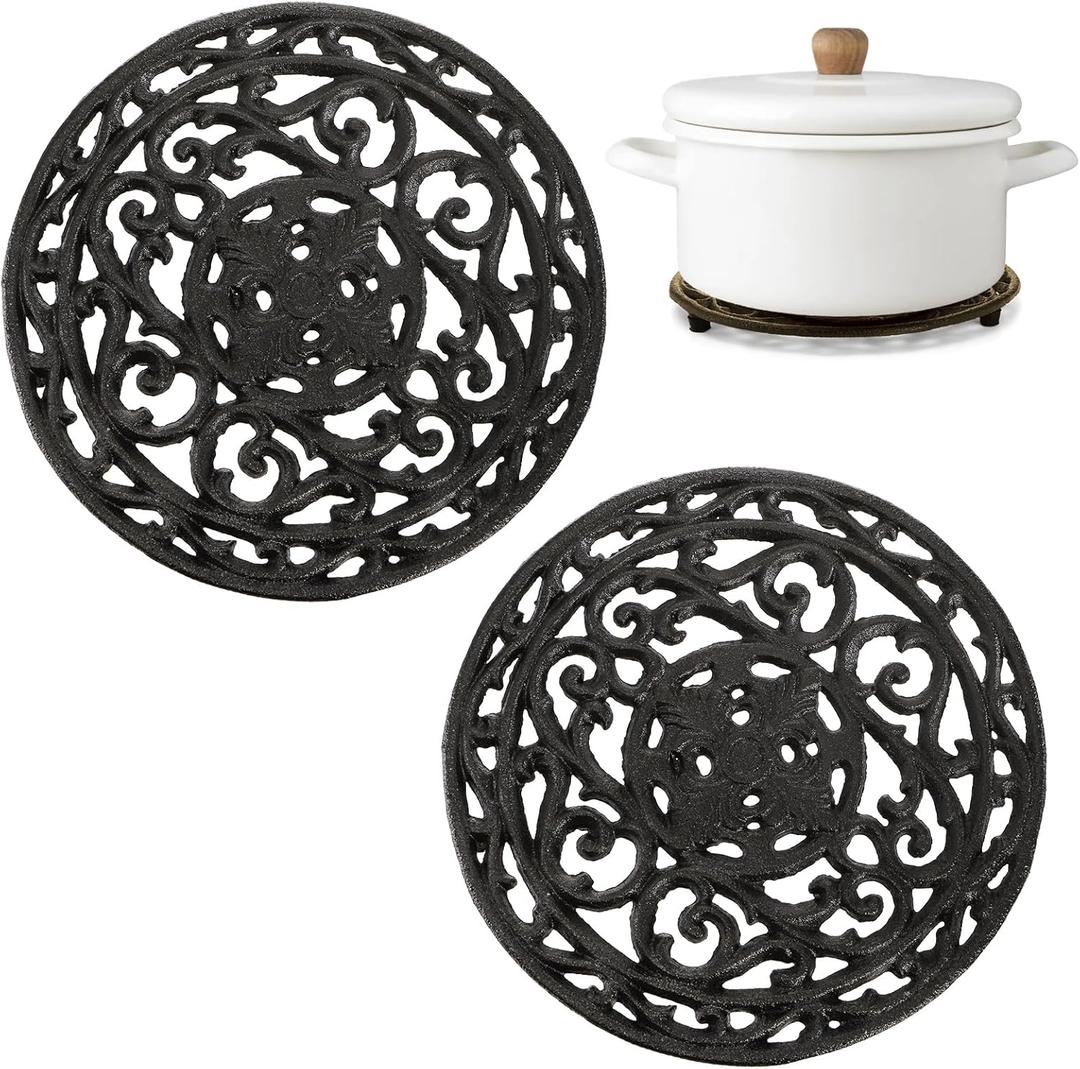 2 Pack Cast Iron Trivet, 8 Inch Round Metal Trivets with Rubber Feet Caps, Rustproof Heat Resistant Hot Pot Plate Stand Holder Mat Pad for Kitchen, Dining Table, Countertop