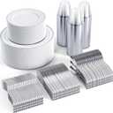 FOCUSLINE 600 Ct Silver Dinnerware Set for 100 Guests - Silver Rimmed White Disposable Plastic Plates, Includes 100 Dinner & Salad Plates, Cups, Cutlery Set for Wedding Parties (100 Guests, Silver)