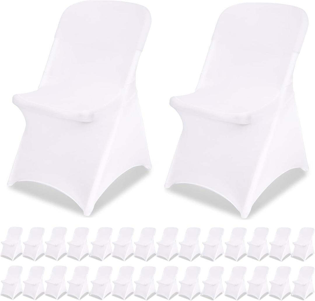 White Chair Covers Stretch Folding Chair Covers Universal Spandex Fitted Chair Slipcovers for Wedding Dining Party Banquet Holidays Celebration Trade Show Craft Show Decoration (30 Pack)